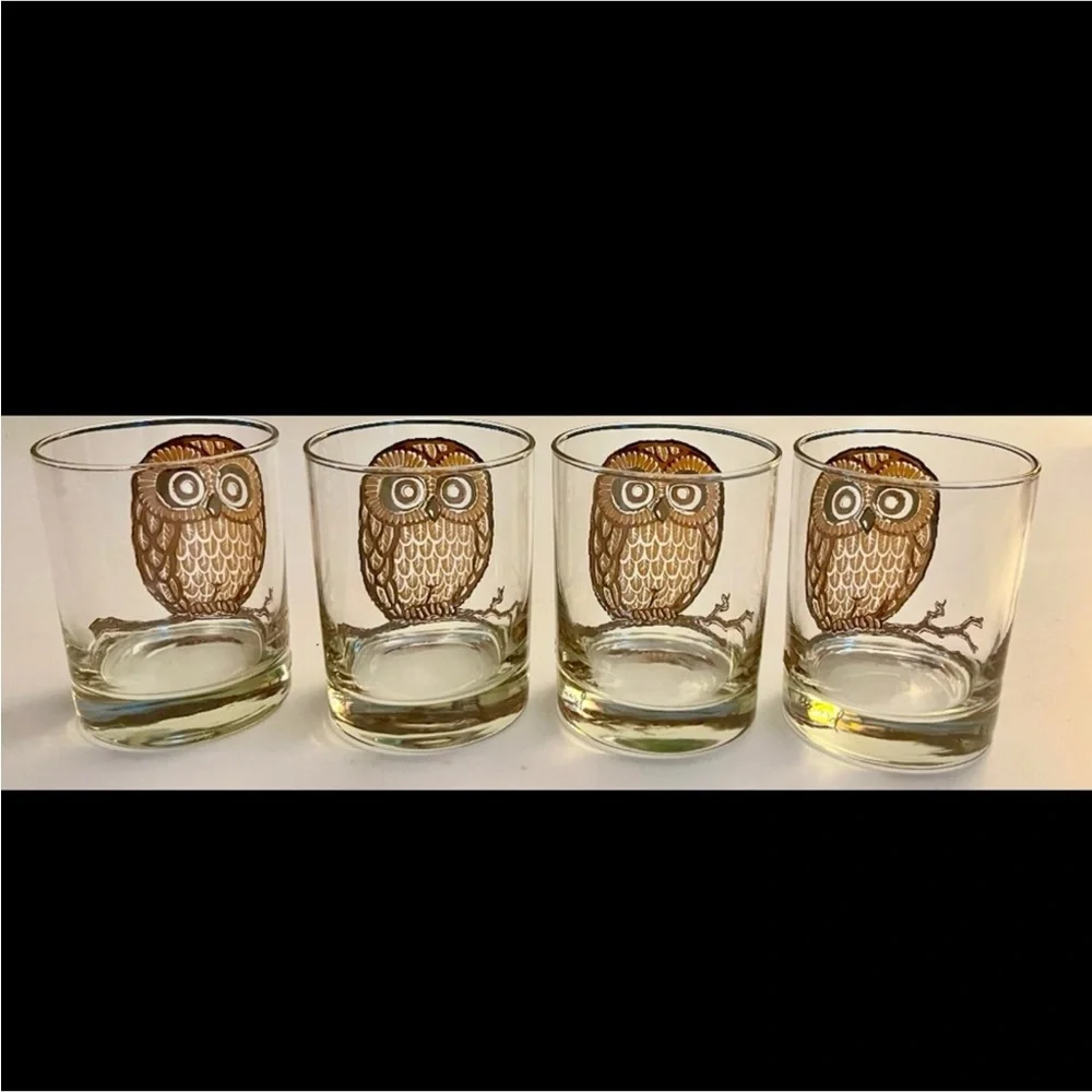 Authentic Georges Briard Signed Vintage Retro Owl Double Old Fashion Glasses x4